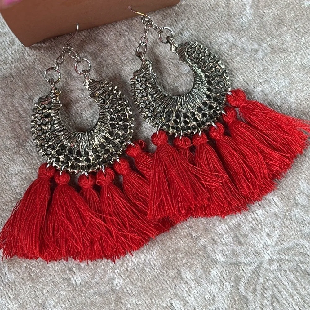 Brand New Red Tassel Oxidized Metal Floral Crescent Boho Festival Drop Earrings